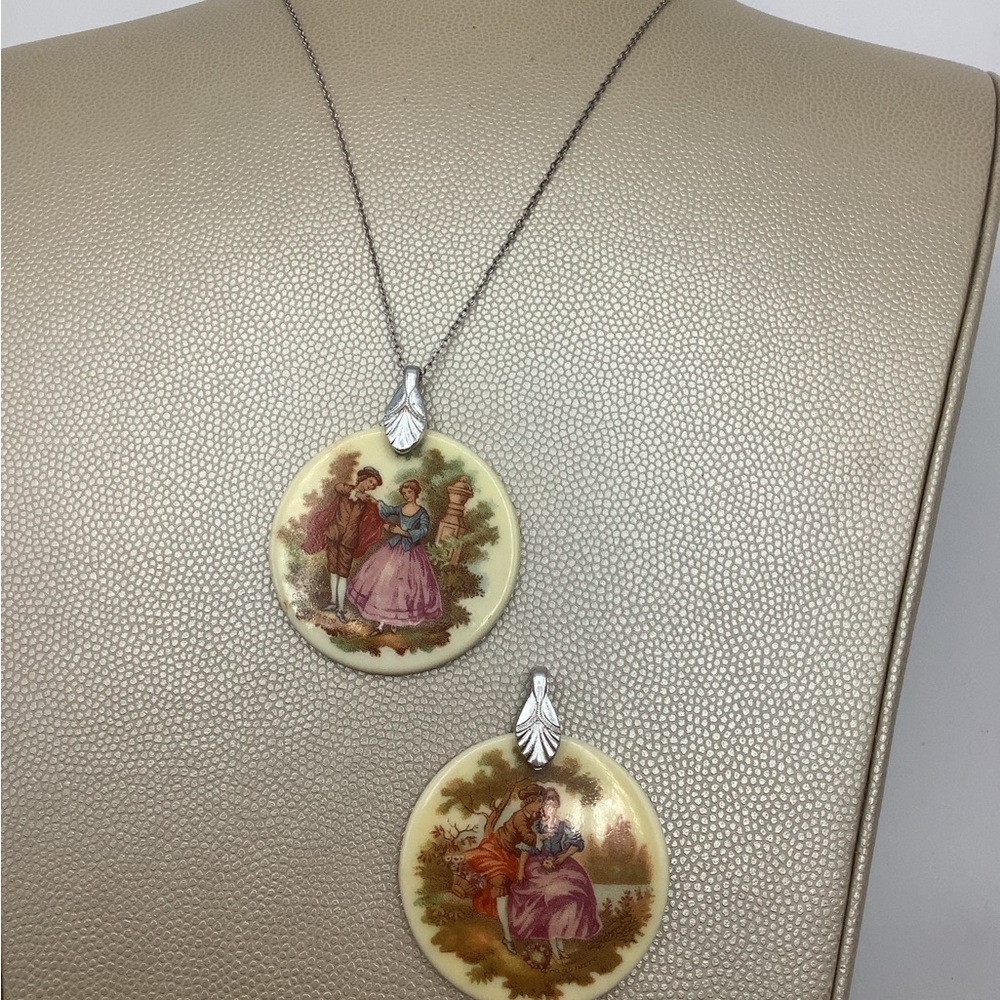 Vintage set of two 18th century scene pedants sterling necklace